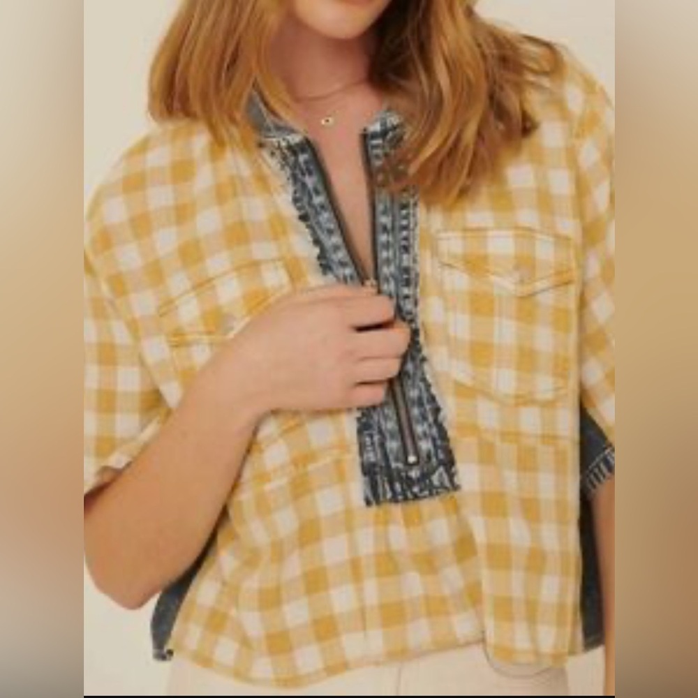Promesa yellow and white checked top with denim insets.